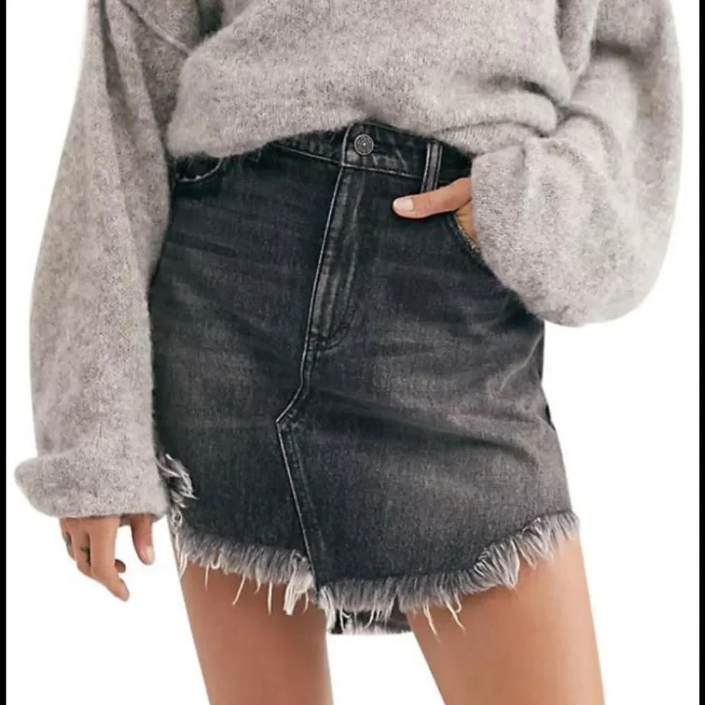 Free People Bailey Denim Raw Hem Mini Skirt in Maverick